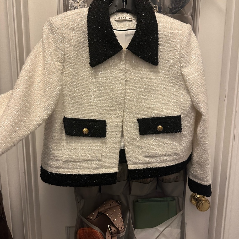 Alice + Olivia White Tweed Jacket with Black Trim
